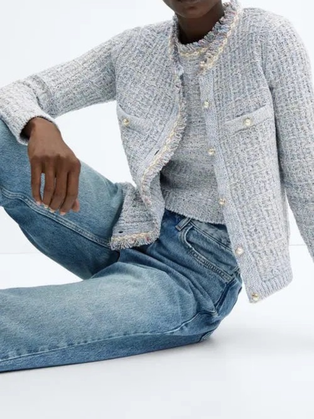 Mango Light Blue Tweed Pearl Button Cardigan